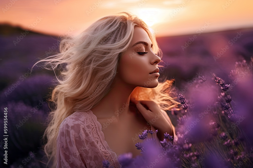 Generative AI Illustration of a blonde woman with her eyes closed in a ...