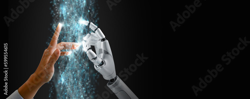 Robot and Human Hands Touching Stream of Information in Coexistence for Learning Together in Digital Twin. Metaverse AI, Data Analysis Technology, Chatbot, and Auto GPT. photo