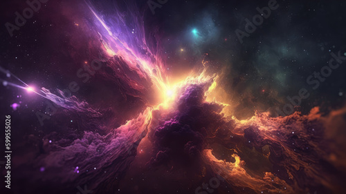 Space art nebula with deep colored light, clouds, stars in deep space under the sun and energy flows. Generated Ai. High quality illustration Generative AI