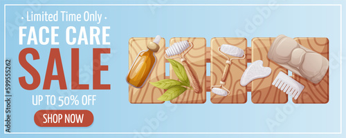 Face care, sale promotion banner. Wooden stand with gua sha tools, headband, oil serum. Board for use in the bath, spa, salon, massage. Vector illustration. For poster, advertising, website.