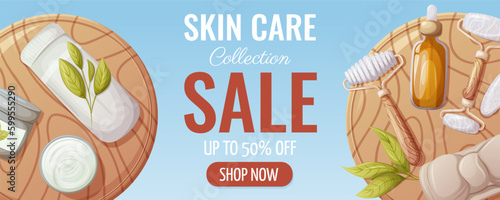 Skin care sale promotion banner. Wooden round stands. Board with gua sha tools, headband, oil serum, cream and towel. Vector illustration. For poster, advertising, website.