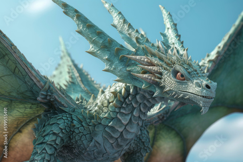 Image of realistic green wooden dragon with raised wings. Symbol of 2024. Chinese New Year. High resolution. Generative AI, human enhanced © Sheremetio