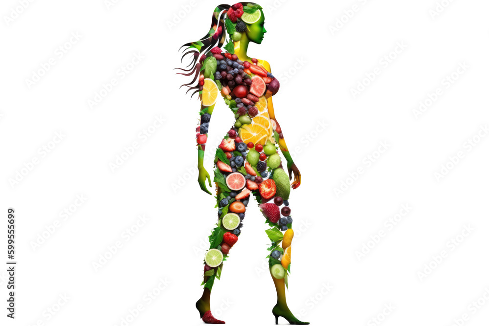 Fruits and vegetables in the shape of woman body, food concept. Ai generated