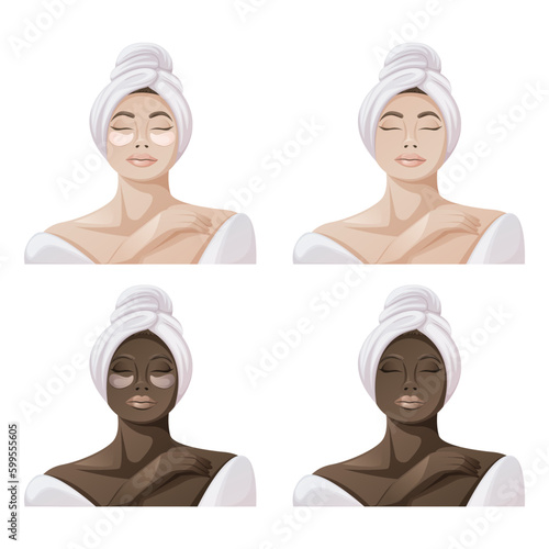 African American and European woman in white bathrobe and towel.The concept of spa, relaxation, face and body skin care. Eye patches. Health and beauty. Trendy vector illustration