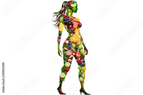 Fruits and vegetables in the shape of woman body, food concept. Ai generated