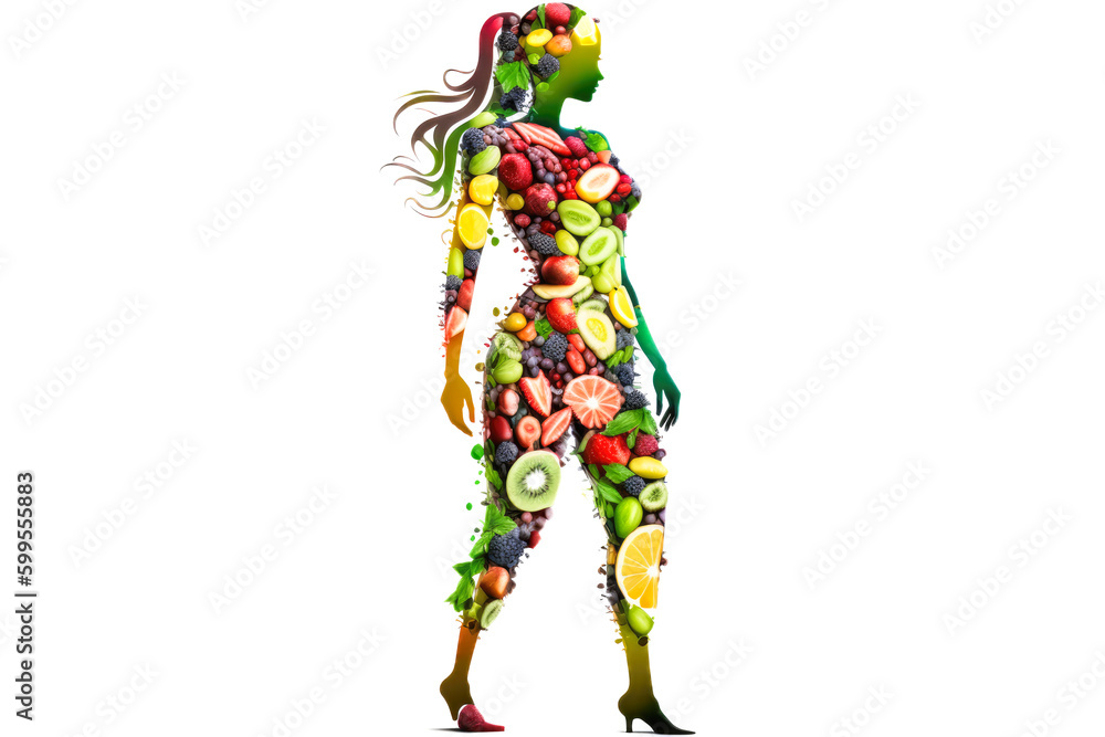 Fruits and vegetables in the shape of woman body, food concept. Ai generated