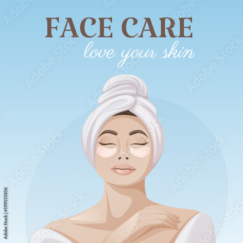 European woman in a white bathrobe and towel. Eye patches. Concept of self-care, relaxation. Face care, love your skin, square card. Vector illustration