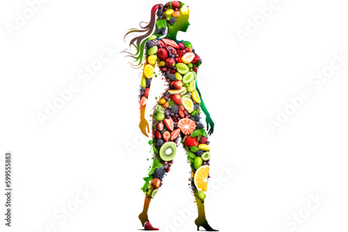 Fruits and vegetables in the shape of woman body, food concept. Ai generated © zamuruev