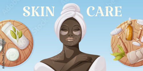 Skin care banner. African American woman in a white bathrobe and towel. Eye patches. Round wooden stand with gua sha tools, headband, oil serum and cream. Concept of self-care. Vector illustration