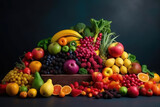 Assortment of fresh organic fruits and vegetables in rainbow colors, generative AI