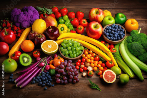 Assortment of fresh organic fruits and vegetables in rainbow colors  generative AI