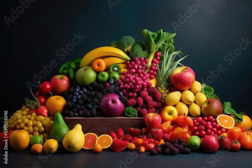 Assortment of fresh organic fruits and vegetables in rainbow colors  generative AI