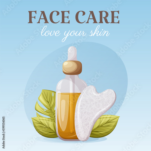 Glass bottle with oil serum pipette, white agate gua sha surrounded by tropical leaves. Cosmetic fluid. Face care, love your skin, square card. Vector illustration