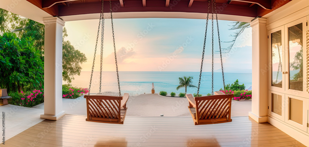 Luxury house veranda with hanging swing and beach view. Generative AI Stock  Illustration | Adobe Stock