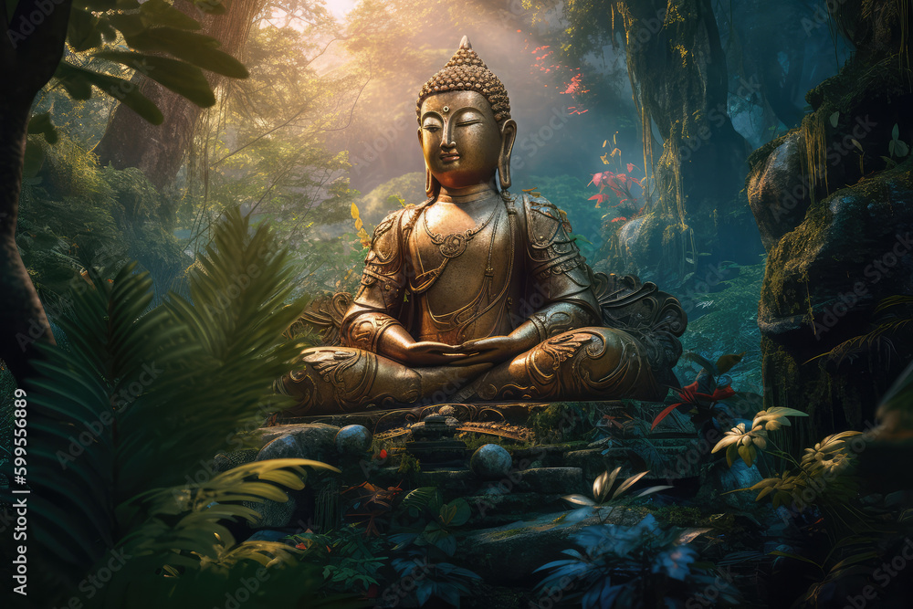 Golden buddha statue meditating in jungle background, generative AI