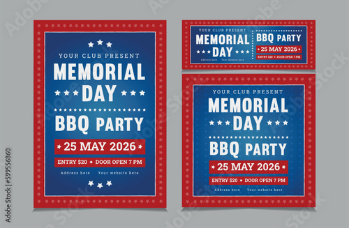 Set of BBQ Invitation for memorial day, memorial day barbeque invitation, flyer and facebook cover vector illustration eps 10
