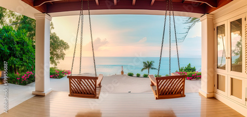 Luxury house veranda with hanging swing and beach view. Generative AI