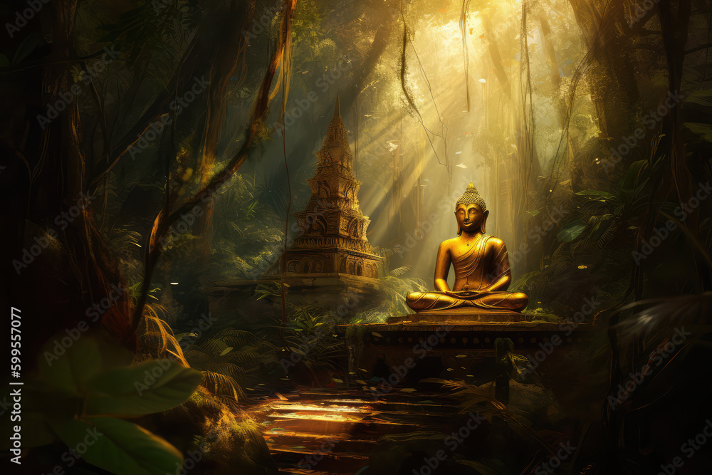 Golden buddha statue meditating in jungle background, generative AI