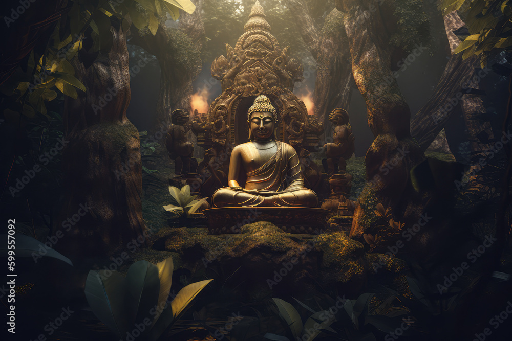 Golden buddha statue meditating in jungle background, generative AI - obrazy, fototapety, plakaty 