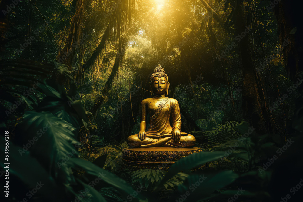 Golden buddha statue meditating in jungle background, generative AI