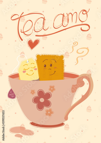 Romantic and cartoony vectorial illustation of a loving biscuit and a bag of tea in a warm cup of tea, with title Tea amo referring to italian love sentence Ti amo