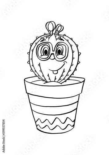 Black outline cactus in a pot, coloring picture