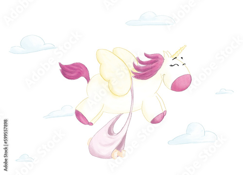 Flying unicorn travelling with a newborn to bring it - such as a stork - to its parents
