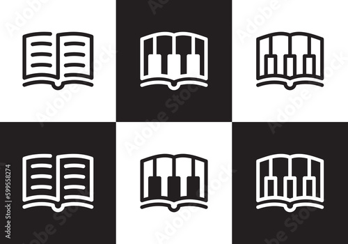 piano and book logo design. music learning linear style symbol vector illustration.