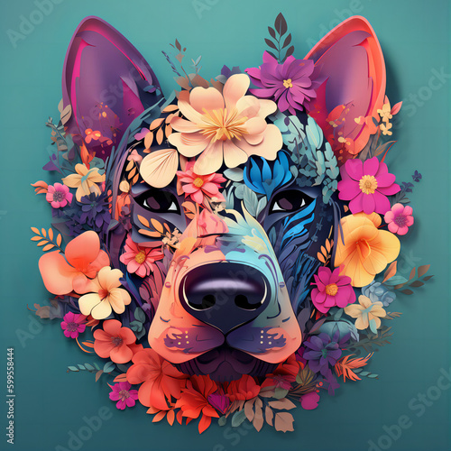 a dog head with flowers created with Generative AI techonlogy photo