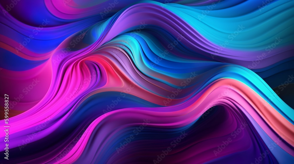 Abstract fluid holographic neon curved wave in motion, Colorful background, 3D render, Generative AI