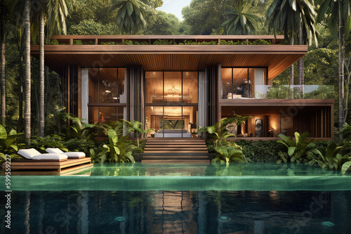 Luxurious villa with an infinity pool in a tropical jungle. Generative AI © mgogo