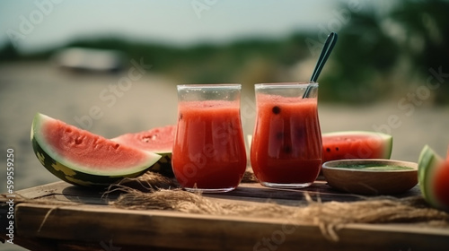 Summer Vibes Watermelon Juice with Mint and Ice on Beachside Cutting Board With Generative AI Technology