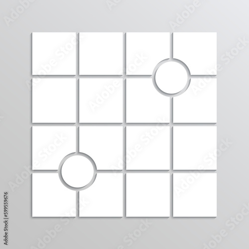 Mosaic pictures frame. Photo collage. Moodboard grid template with circle. Mood board background. Gallery banner. Album brandboard. Scrapbook layout. Portfolio images. Vector illustration