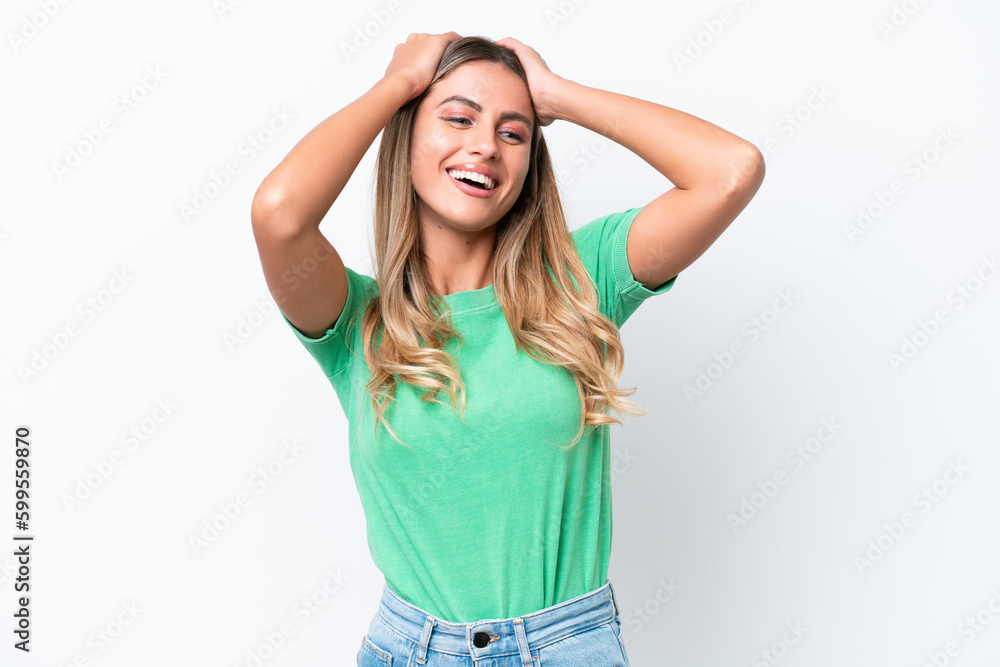 Young Uruguayan woman isolated on white background laughing Young Uruguayan woman isolated on white background laughing