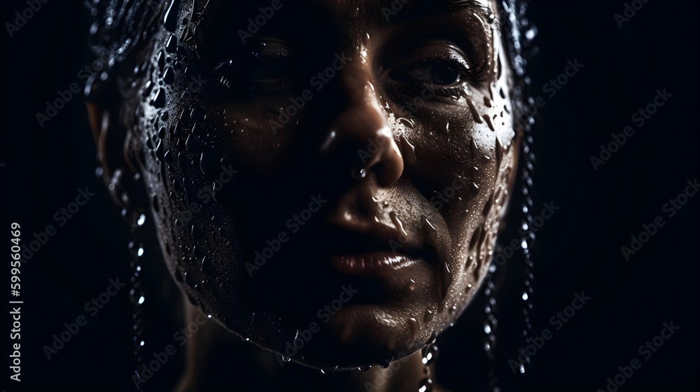 Close up of the face of a beautiful   woman covered with water drops