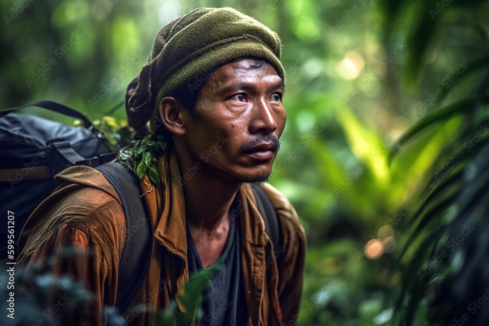 South Asian man exploring the jungle in vivid colors. Generative AI South Asian man exploring the jungle in vivid colors. Generative AI