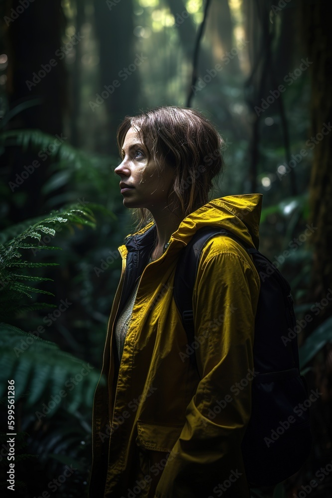 Woman wearing yellow rain coat in the middle of the wild jungle. Generative AI vertical shot Woman wearing yellow rain coat in the middle of the wild jungle. Generative AI vertical shot