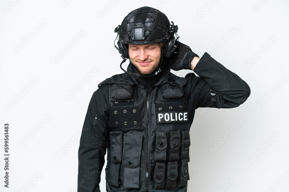 SWAT man over isolated white background with neckache SWAT man over isolated white background with neckache