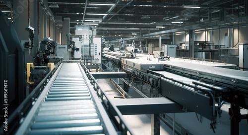 Conveyor in empty factory warehouse. Industrial machines and production lines. Generative AI