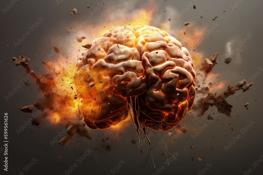 A human brain explodes for too much stress, work, overthinking. Concept