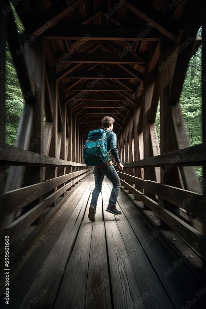 Back view of man running through wooden hanging bridge ion the forest. Generative AI vertical shot Back view of man running through wooden hanging bridge ion the forest. Generative AI vertical shot