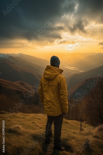 Back view of man wearing yellow rain coat at the of the mountain by sunset. Mountaineering lifestyle concept. Generative AI vertical shot