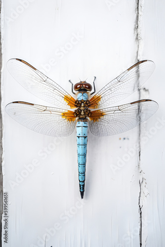 Dragonfly on white wooden background. ai photo