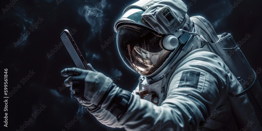 Astronaut floating in the outer space using smartphone. Generative AI illustration Astronaut floating in the outer space using smartphone. Generative AI illustration