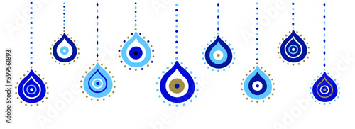 Horizontal banner of hanging Turkish evil eye pendants. Ethnic style blue Greek protection from the spoilage signs with golden details. EPS 10 vector boho background.