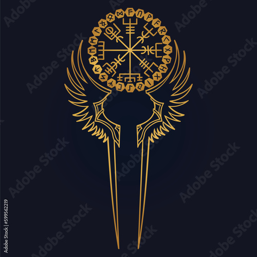 golden Aegishjalmur viking helm of awe runes vector	

