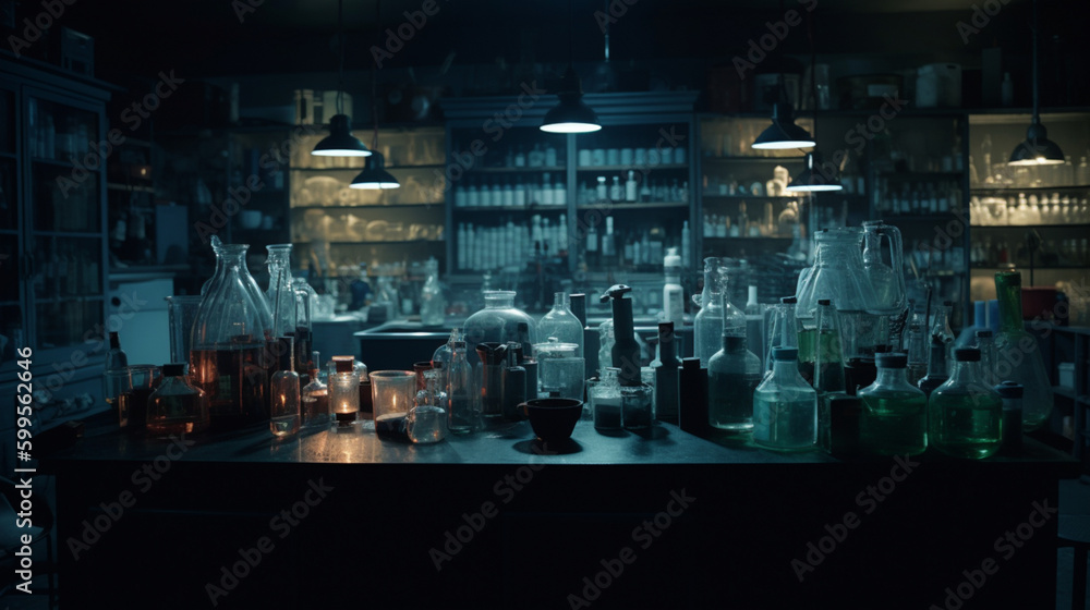 A dark and twisted laboratory with bubbling beakers Generative AI Stock