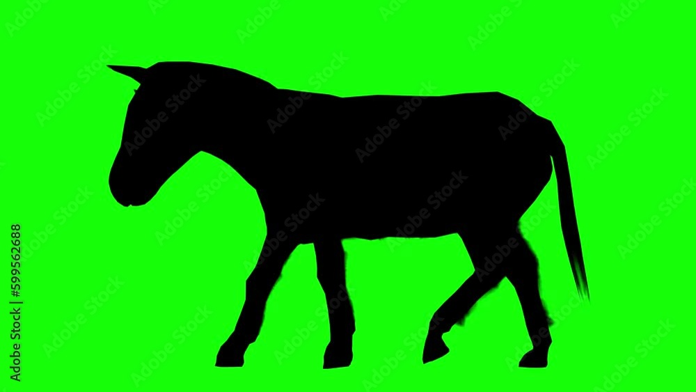 Silhouette of a donkey walking on green screen, side view. Animal silhouettes, seamless loop 3D animation Silhouette of a donkey walking on green screen, side view. Animal silhouettes, seamless loop 3D animation