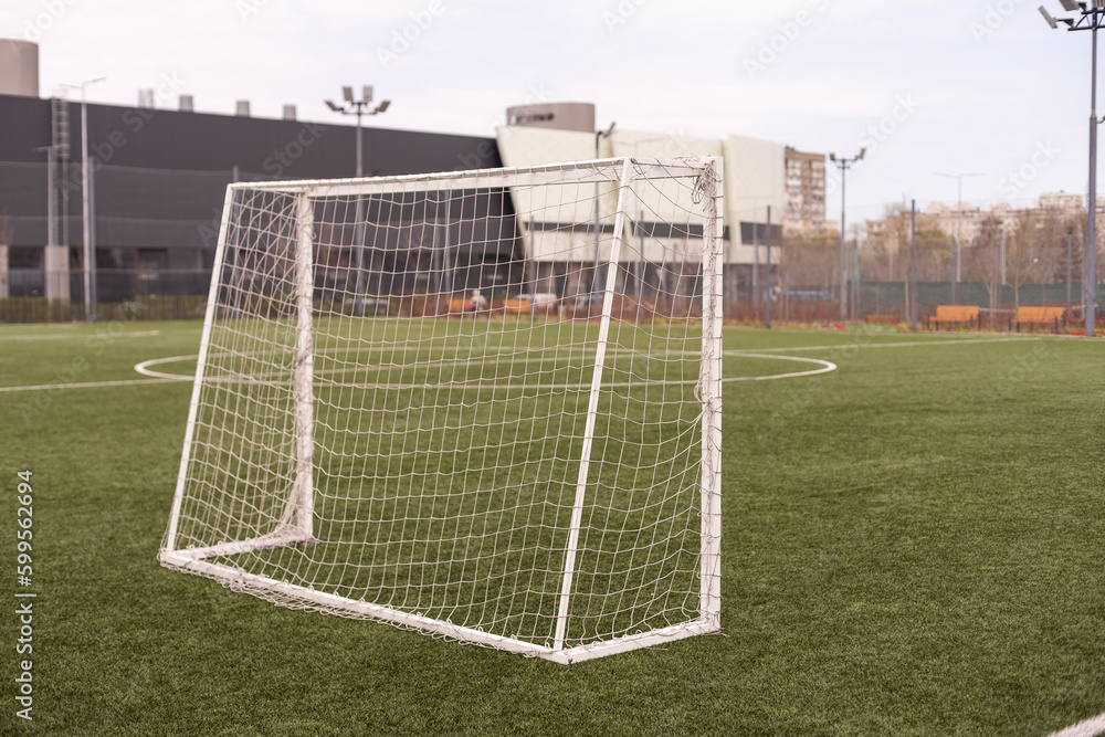 Naklejka premium Football or soccer goal post on a green grass pitch in a park. Nobody. Calm mood. Sport theme background. Training ground for outdoor activity