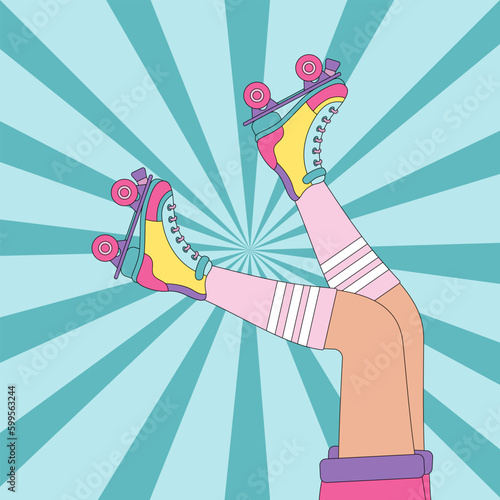 Roller skates on woman legs with long socks. Girls wearing roller skates. Female legs. 80-90s style roller disco concept. Retro vector color illustration.
